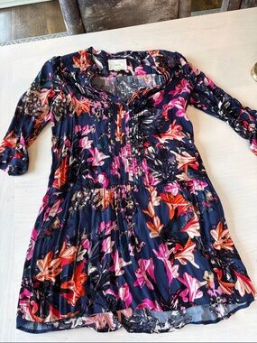 Anthropologie Navy Floral Mini Dress with Pink & Orange Blooms